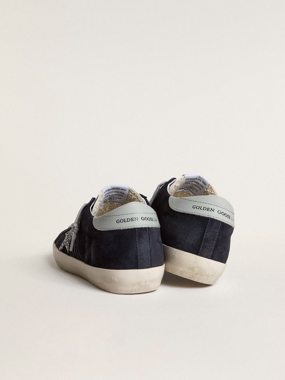 Super-Star de suede azul estrela de glitter prateado e talão de couro