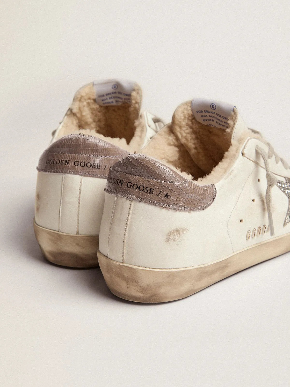 Super-Star sneakers with shearling lining. silver glitter star and lizard-print dove-gray leather heel tab