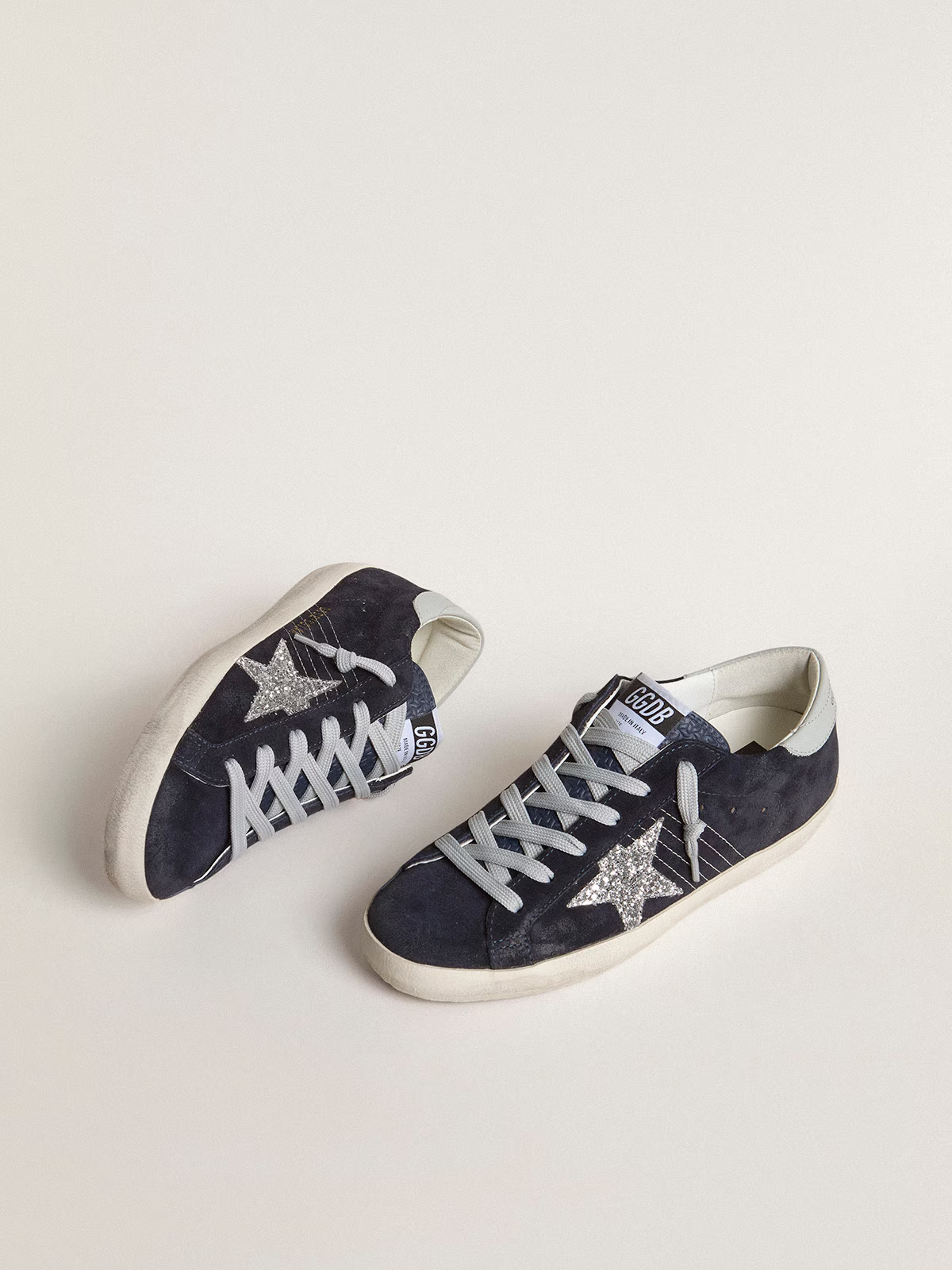 Super-Star de suede azul estrela de glitter prateado e talão de couro