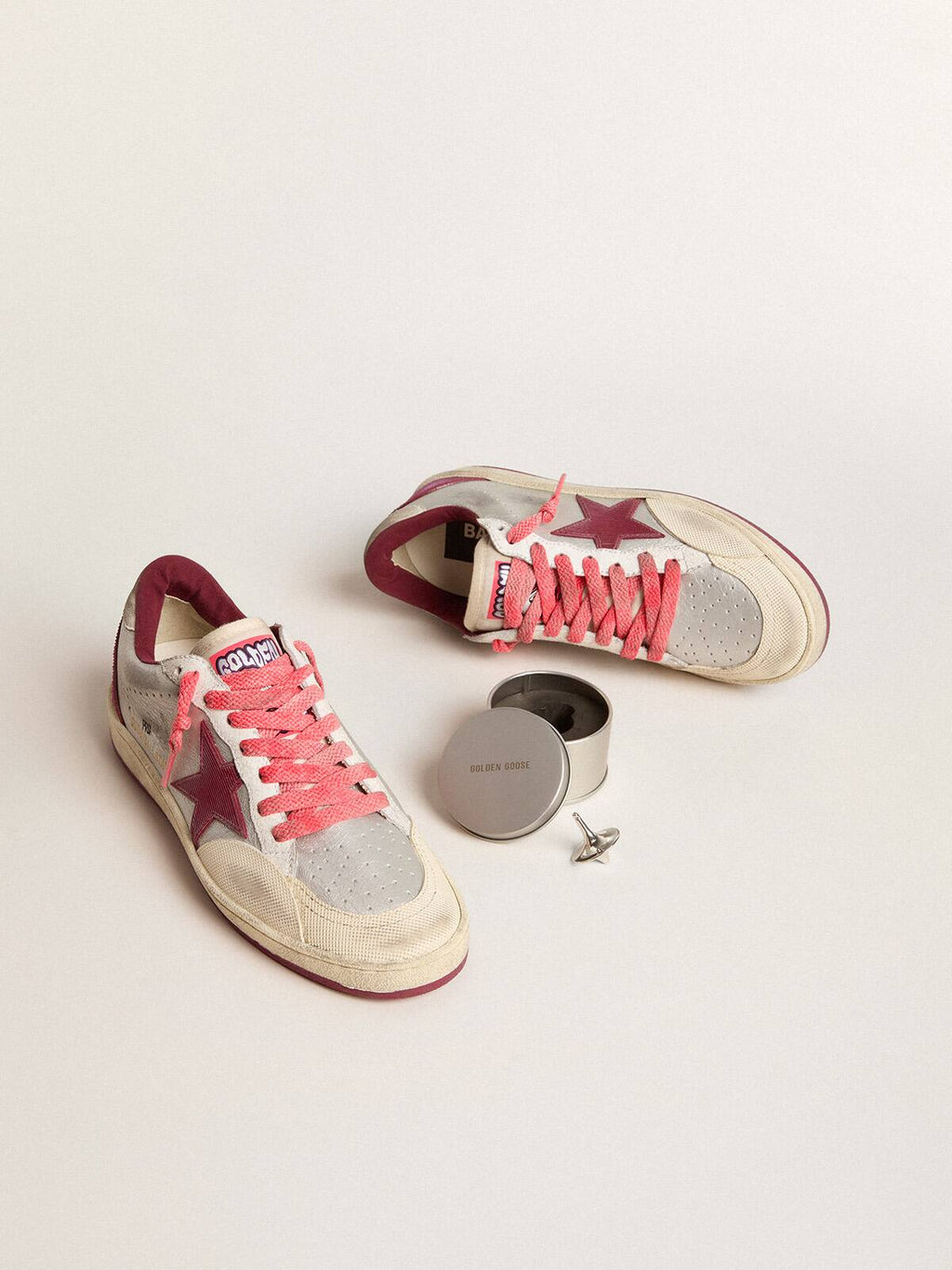 Men's Ball Star Pro in silver crackle leather with burgundy star